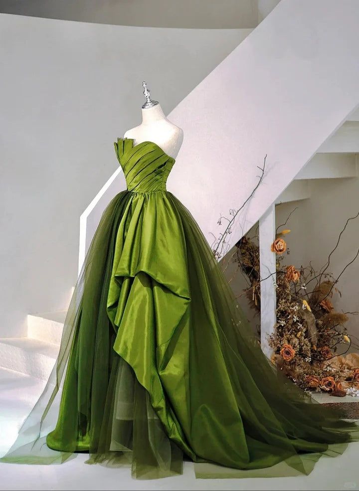 Green A Line Strapless Satin And Tulle Long Prom Dress DP826