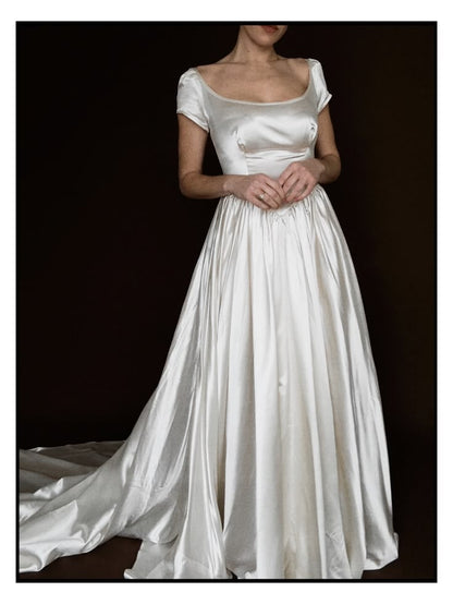 1940s Boat Neck Ballet White Satin Long Wedding Dress DP5211