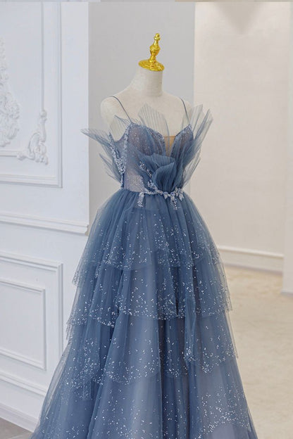 Stunning Exquisite Beaded A Line Strapless Layered Blue Tulle Prom Dress Evening Dress Date Dress DP3469