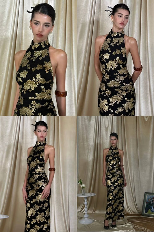 Sexy Sheath Halter Gold Print Floral Black Satin Open Back Long Prom Dress Evening Dress DP4786