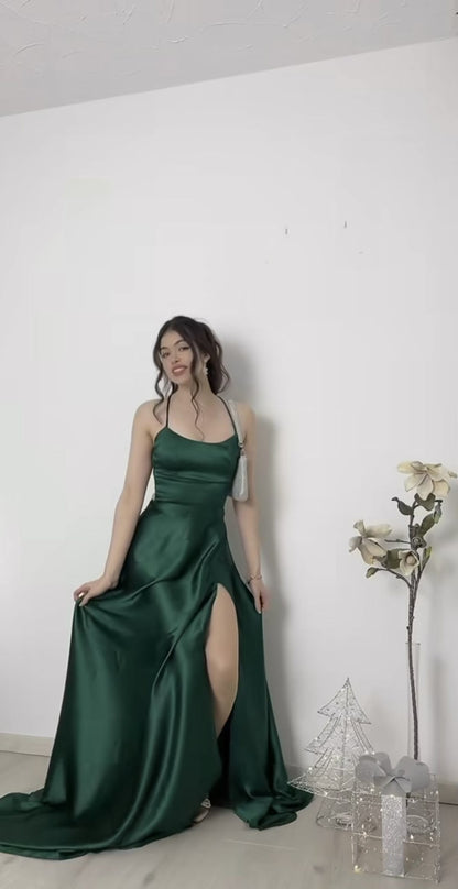 Green Line Spaghetti Straps Satin Prom Dress Formal Dress Party Dress with Slit DP3505
