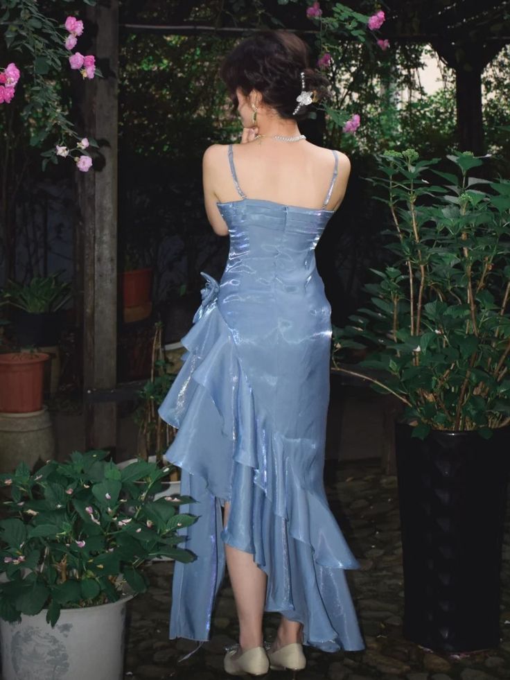 Blue Vintage Floral Spaghetti Strap Satin Prom Dress Asymmetrical Hem Prom Gown DP2034