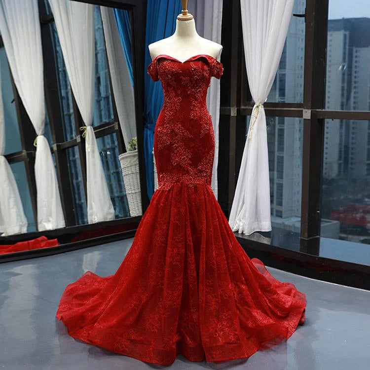 Mermaid Off-the-shoulder Appliques Lace Tulle Long Prom Dresses DP869