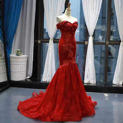 Mermaid Off-the-shoulder Appliques Lace Tulle Long Prom Dresses DP869