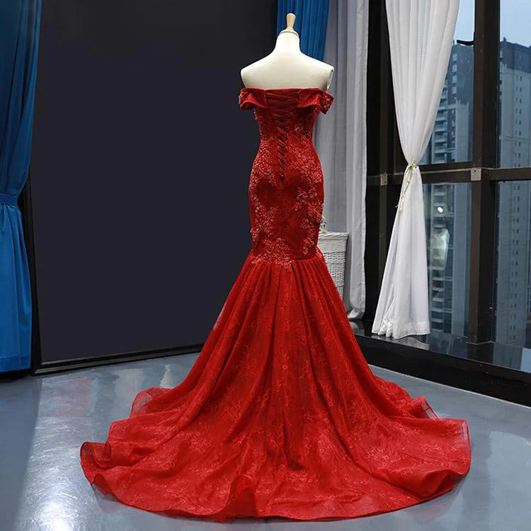 Mermaid Off-the-shoulder Appliques Lace Tulle Long Prom Dresses DP869