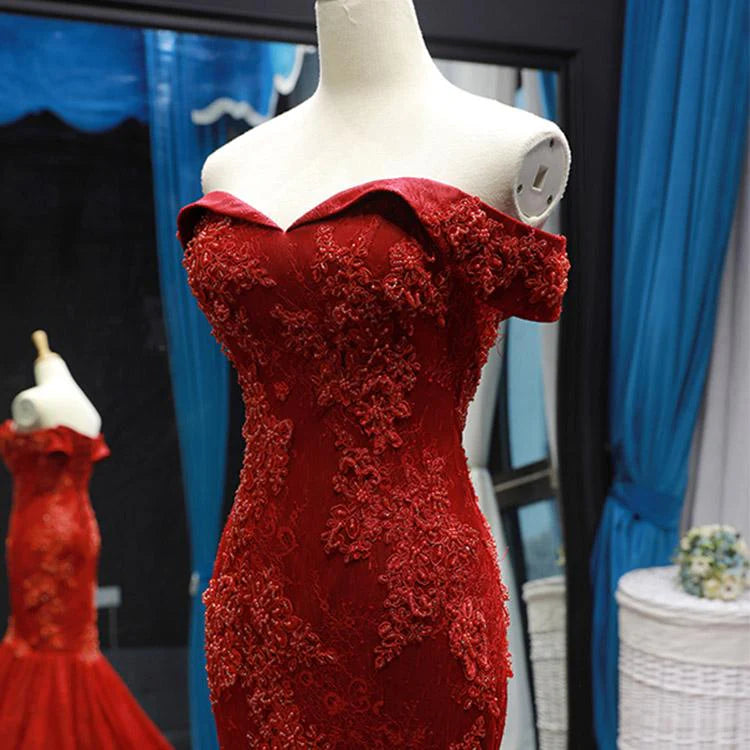 Mermaid Off-the-shoulder Appliques Lace Tulle Long Prom Dresses DP869