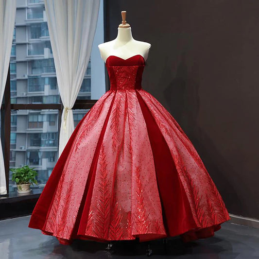 Red A line Strapless Appliques Sequin Tulle Prom Dresses DP876