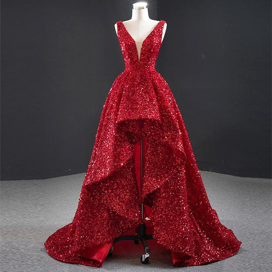 Sparkly A Line Deep V Neck Sequins Long Prom Dresses  DP862