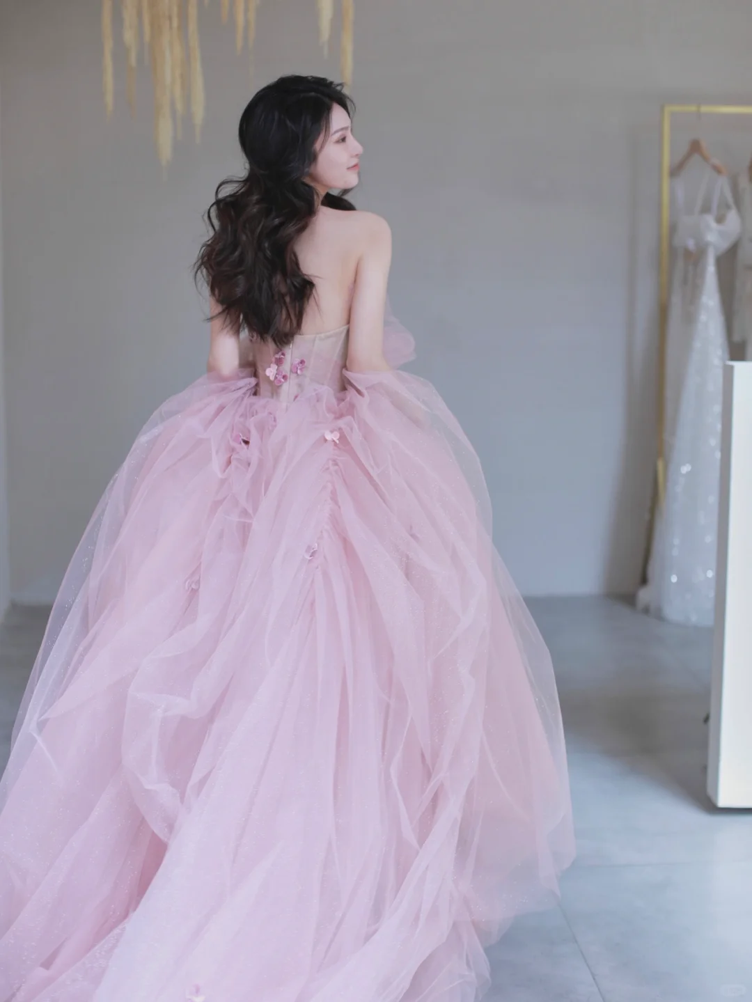 Elegant A Line Strapless Pink Flower Tulle Long Party Dress Evening Dress DP2549