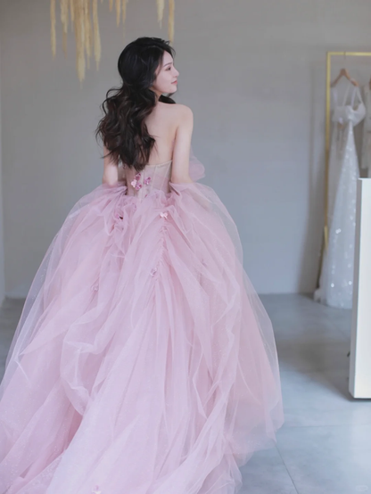 Elegant A Line Strapless Pink Flower Tulle Long Party Dress Evening Dress DP2549