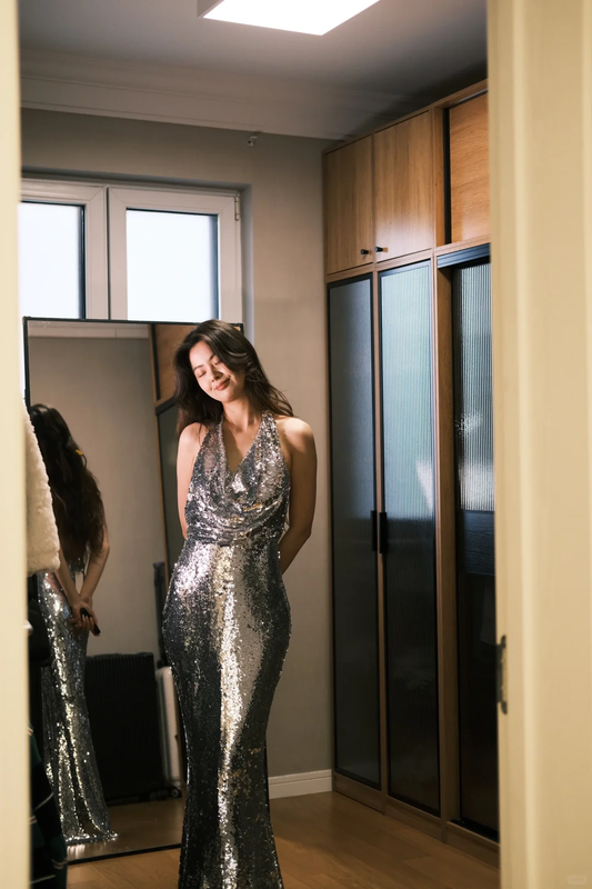 Shiny Mermaid Halter Silver Sequin Open Back Long Party Dress Evening Dress DP2406