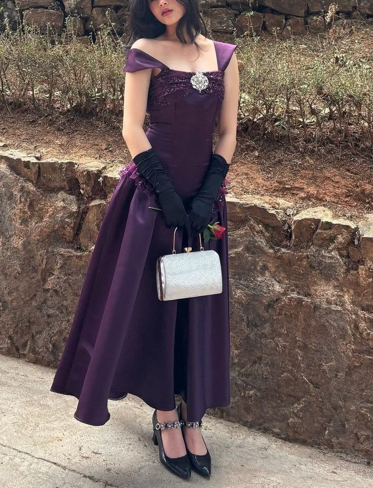 Vintage Purple A Line Straps Beaded Satin Long Prom Dress Evening Dress DP6893