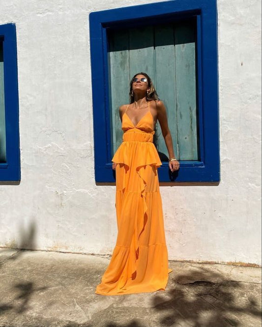 A Line Spaghetti Straps Orange Chiffon Prom Dress DP762