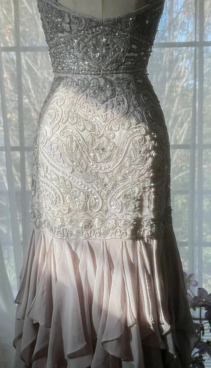 Light Lilac Sheath Spaghetti Strap Beaded Appliques Chiffon Prom Dress Graduation Prom Dress DP1997