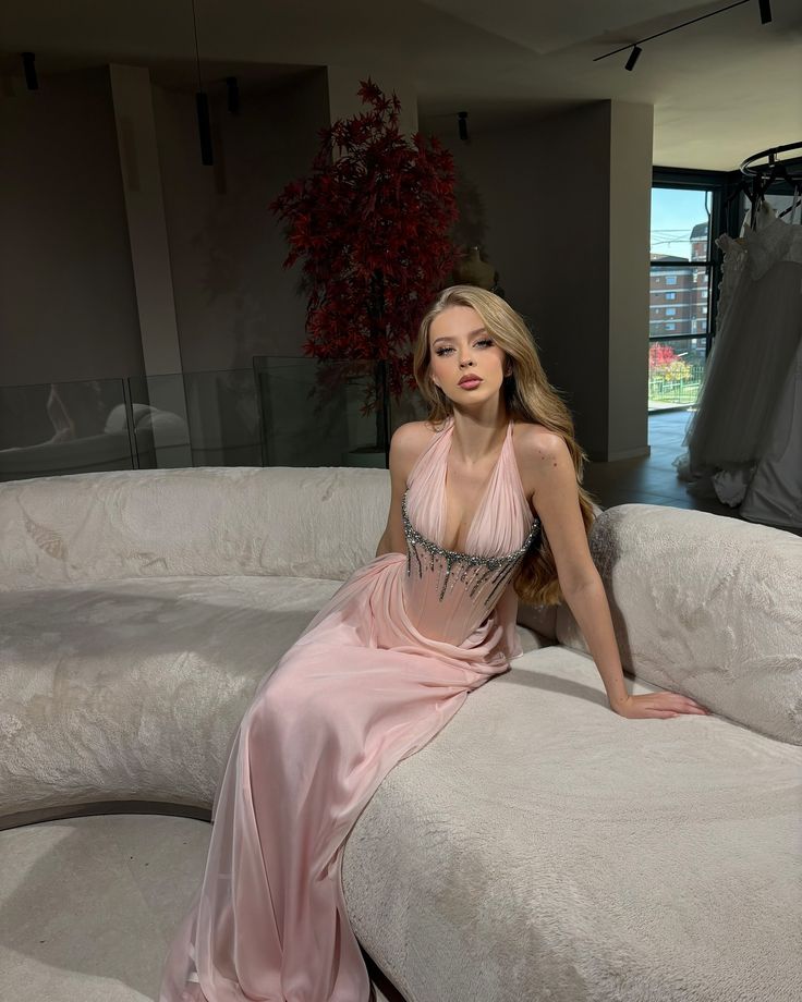 Cute A Line Halter Beaded Pink Satin Chiffon Open Back Long Prom Dress Graduation Prom Dress DP2248