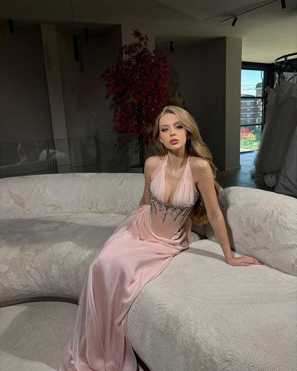 Cute A Line Halter Beaded Pink Satin Chiffon Open Back Long Prom Dress Graduation Prom Dress DP2248