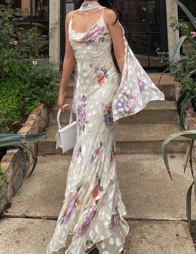 Vintage Mermaid Spaghetti Strap Ruffle Print Floral Chiffon Prom Dress Evening Dress DP1565