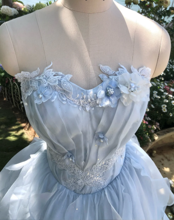 Baby Blue A Line Strapless Lace Layered Organza Short Prom Dress Homecoming Dress DP5462