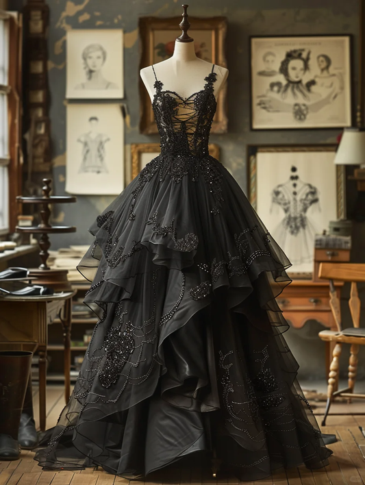 Black Ball Gown Spaghetti Strap Beaded Layered Organza Long Prom Dress Evening Dress Formal Gown DP3437