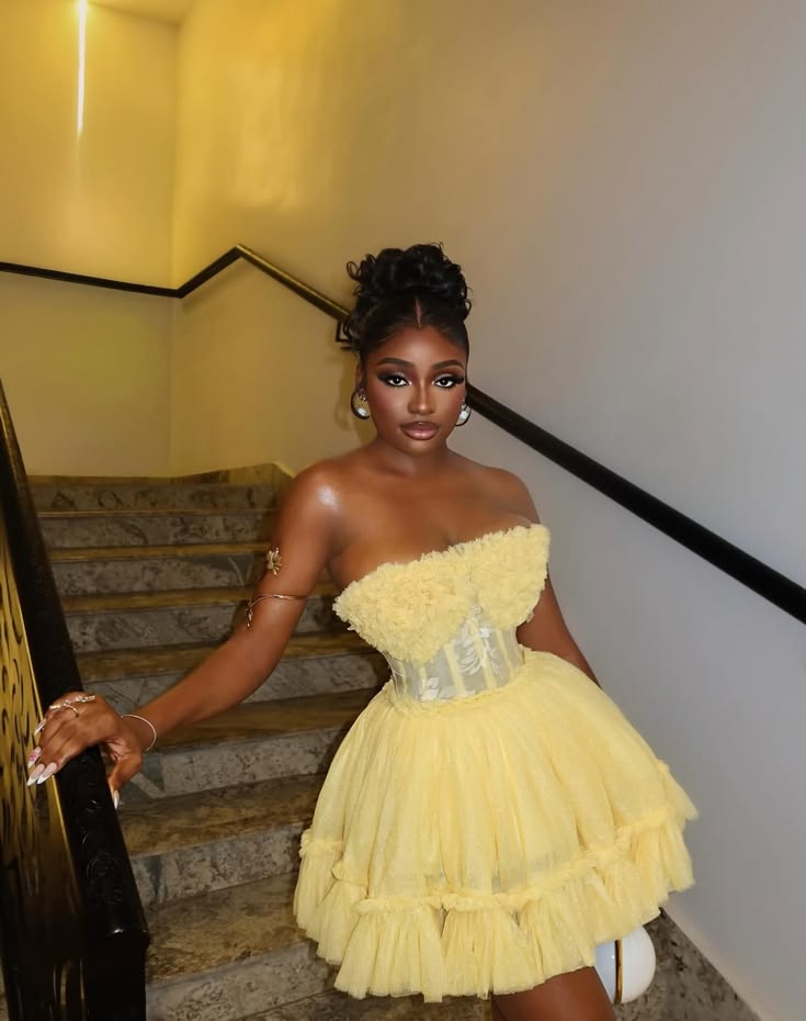 Cute A Line Strapless Yellow Tulle Short Prom Dress Homecoming Dress Outfits DP6828