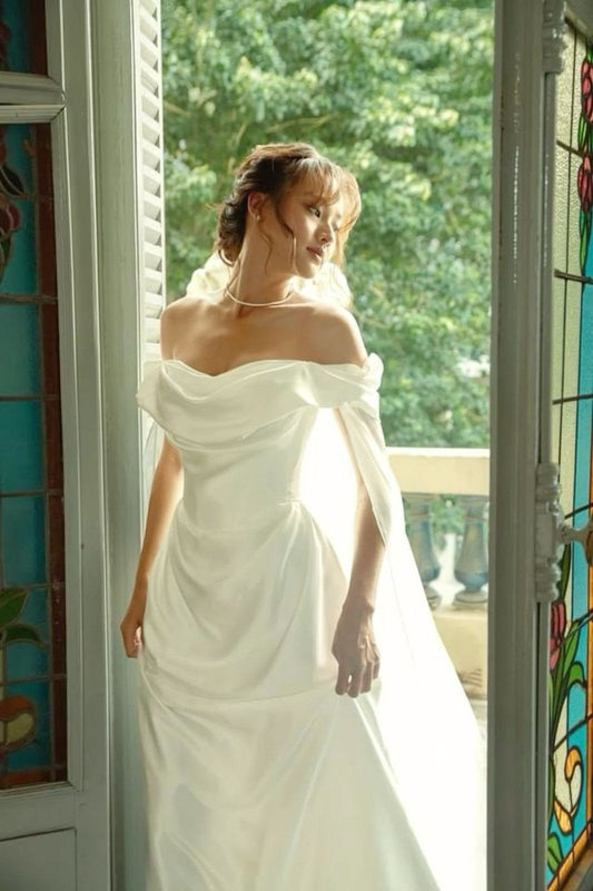 Gentle A Line Off the Shoulder White Pleated Tulle Satin Wedding Dress DP6841