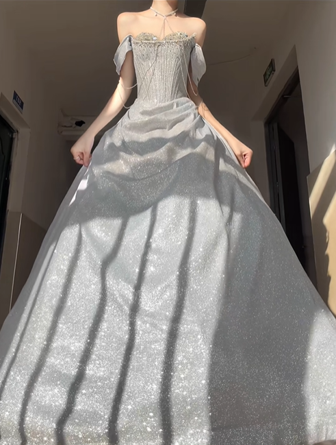 Silver Shiny A Line Off the Shoulder Beaded Sequin Prom Dress Graduation Ball Gown DP4568
