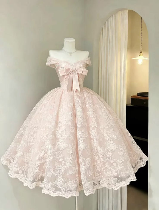 Light Pink A Line Off the Shoulder Lace Prom Dress Evening Dress DP8075