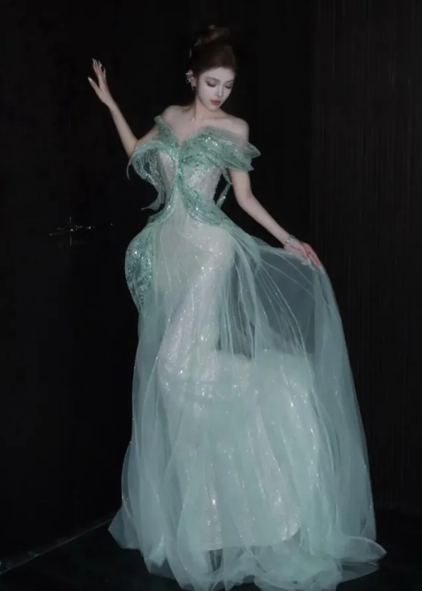 Ethereal Green Ball Gown Off the Shoulder Sequin Tulle Prom Dress Quinceanera Dress DP6612