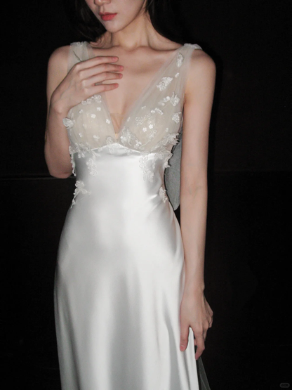 Romantic A Line V Neck 3D Floral Satin Tulle Long Wedding Dress DP5793