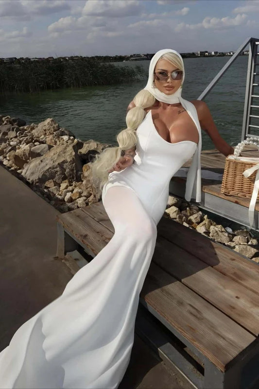 Sexy White Sheath Strapless Ethereal Chiffon Long Prom Dress Evening Dress DP7115