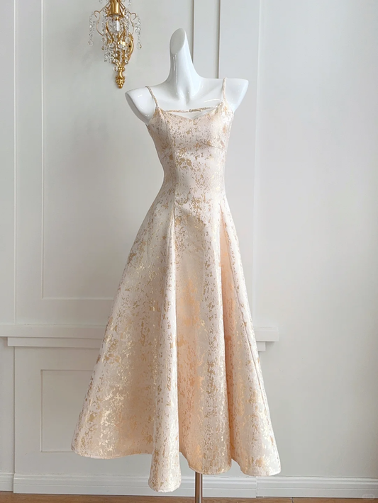 Gentle A Line Spaghetti Strap Apricot Satin Prom Dresses Outfits DP4192