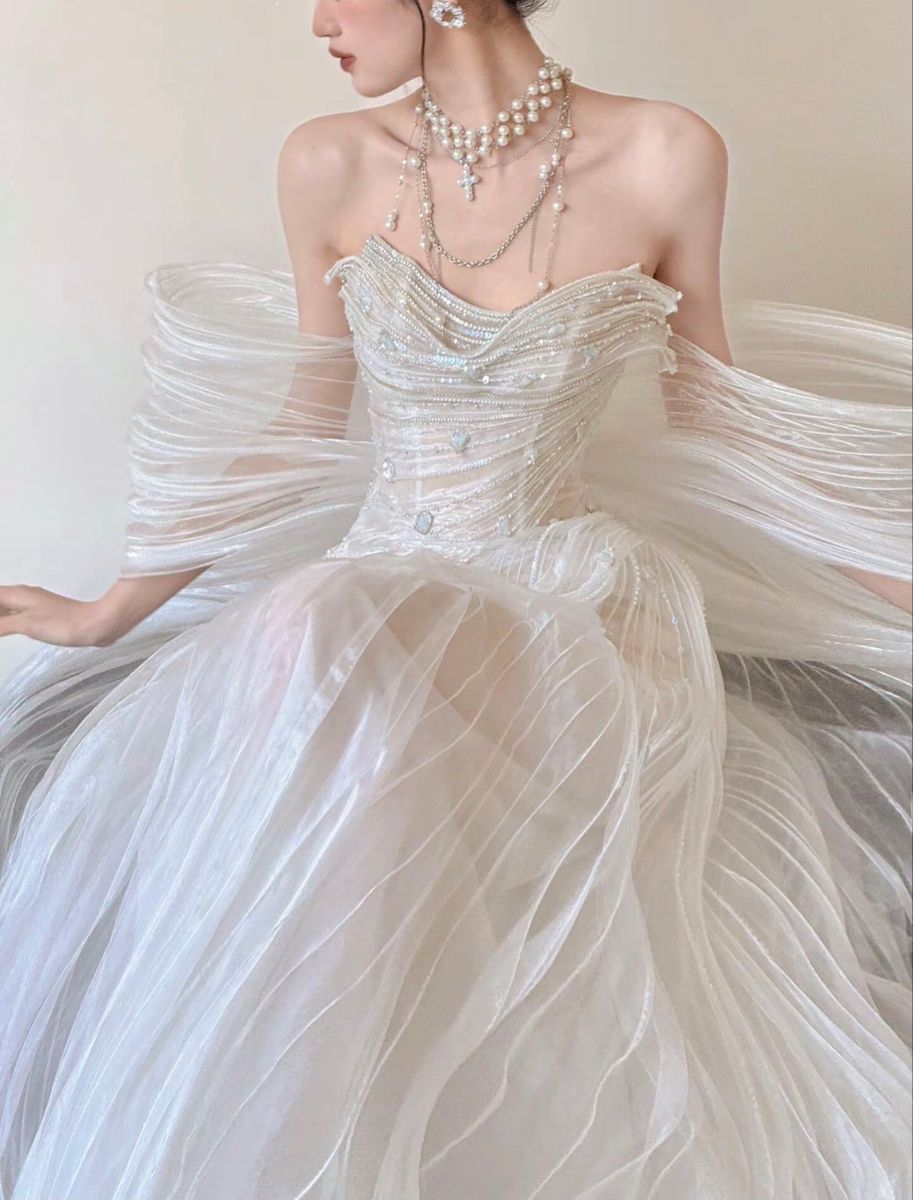 Stunning Fairy Mermaid White Beaded Organza Long Prom Dress Wedding Dress DP5061