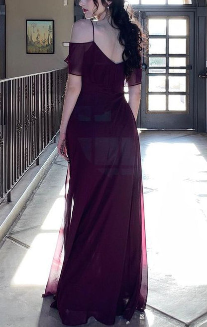 Burgundy A Line Spaghetti Strap Chiffon Prom Dress Formal Dress Bride Dress DP3395