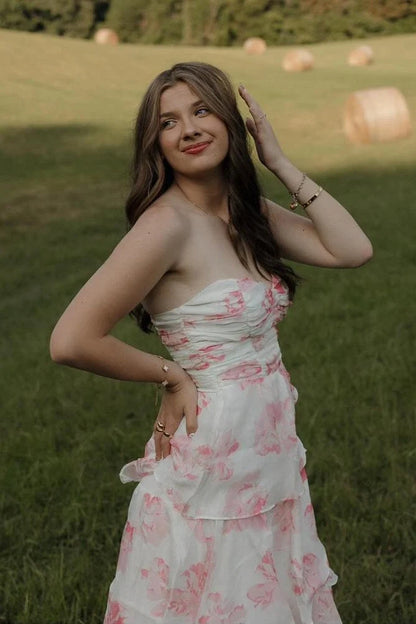 Romantic Pink Print A Line Sweetheart Neck Layered Chiffon Evening Dress Prom Dress DP7650