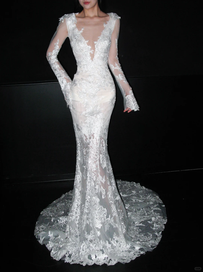 Stunning Mermaid Long Sleeve V Neck White Lace Long Train Wedding Dress DP8111