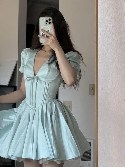 Baby Blue A Line Puff Sleeve Satin Short Prom Dress Homecoming Dress DP7136