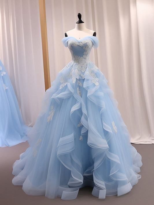 A Line Sweetheart Neck Tulle Lace Blue Long Prom Dress Blue Sweet 16 Dress DP3363