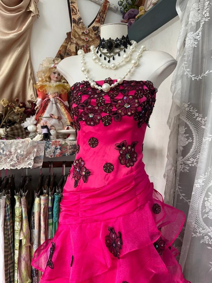 Hot Pink A Line Strapless Black Appliques Layered Organza Long Prom Dress Formal Gown DP3440
