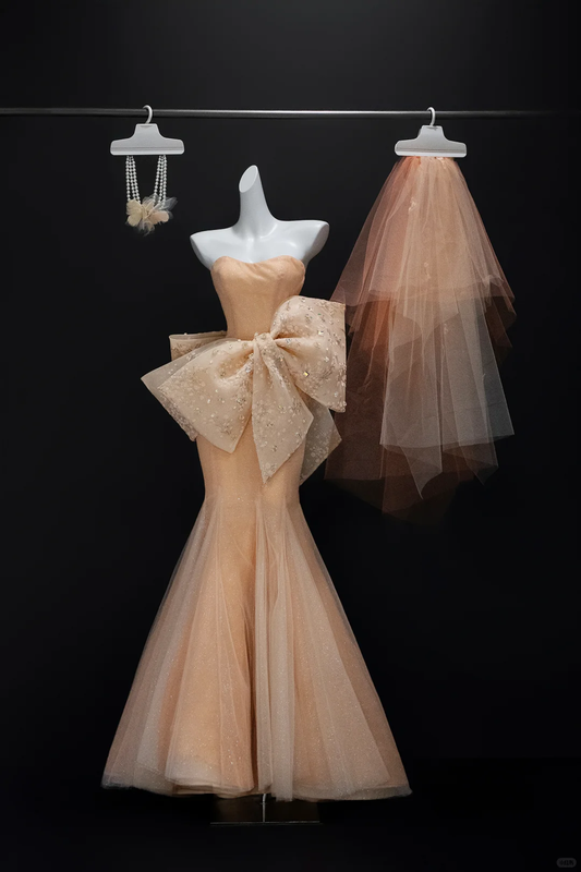 Orange Big Bow Mermaid Sweetheart Neck Beaded Tulle Long Prom Dress Formal Dress DP3242