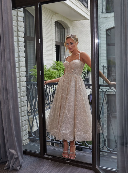 Charming A Line Spaghetti Strap Corset Champagne Sequin Prom Dress Evening Dress DP1803