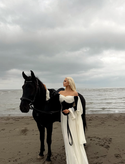 Classic Ivory Black A Line Long Sleeve Velvet Chiffon Long Prom Dress Evening Dress DP3260