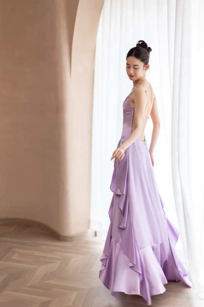Flowy Ruffle Mermaid Spaghetti Strap Purple Satin Open Back Prom Dress Formal Dress DP3338