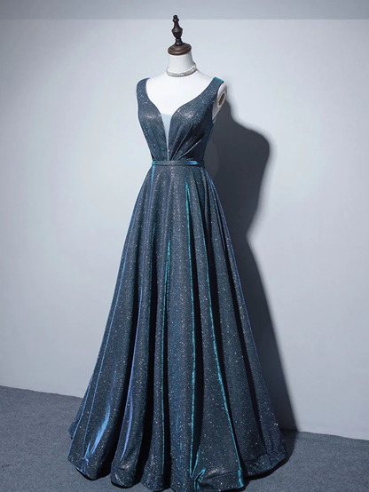 Sparkly V Neck Satin Blue Long Prom Dress Evening Dress DP073