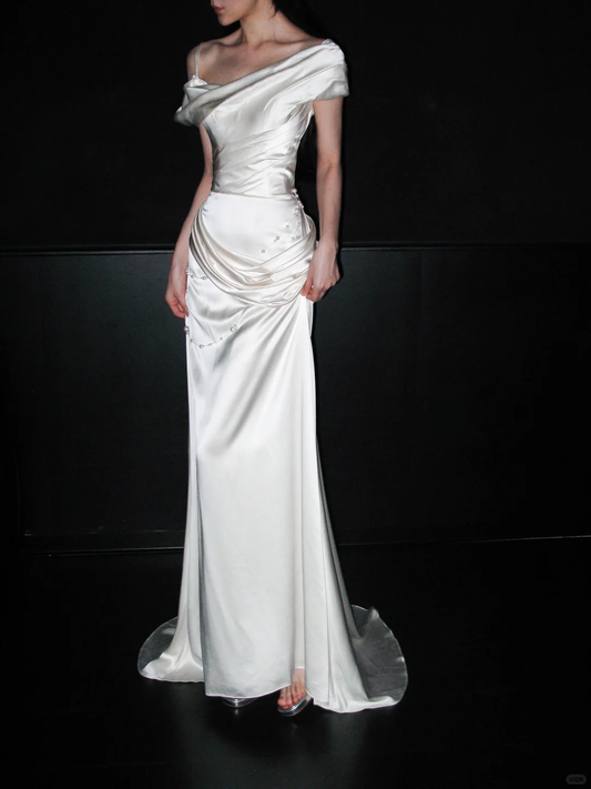 Charming Sheath Off the Shoulder Pearl White Satin Long Wedding Dress DP6374