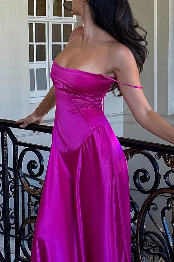 Hot Pink A Line Spaghetti Strap Satin Long Prom Dress Evening Dress DP7119