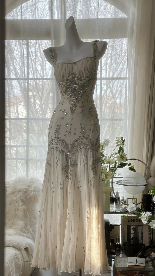 Stunning A Line Straps Rhinestone Ivory Chiffon Prom Dress Party Dress DP3607