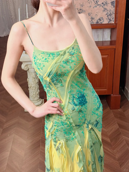 Vintage Summer Yellow- Green Ombre Beaded Ruffle Chiffon Prom Dress Evening Dress DP5414