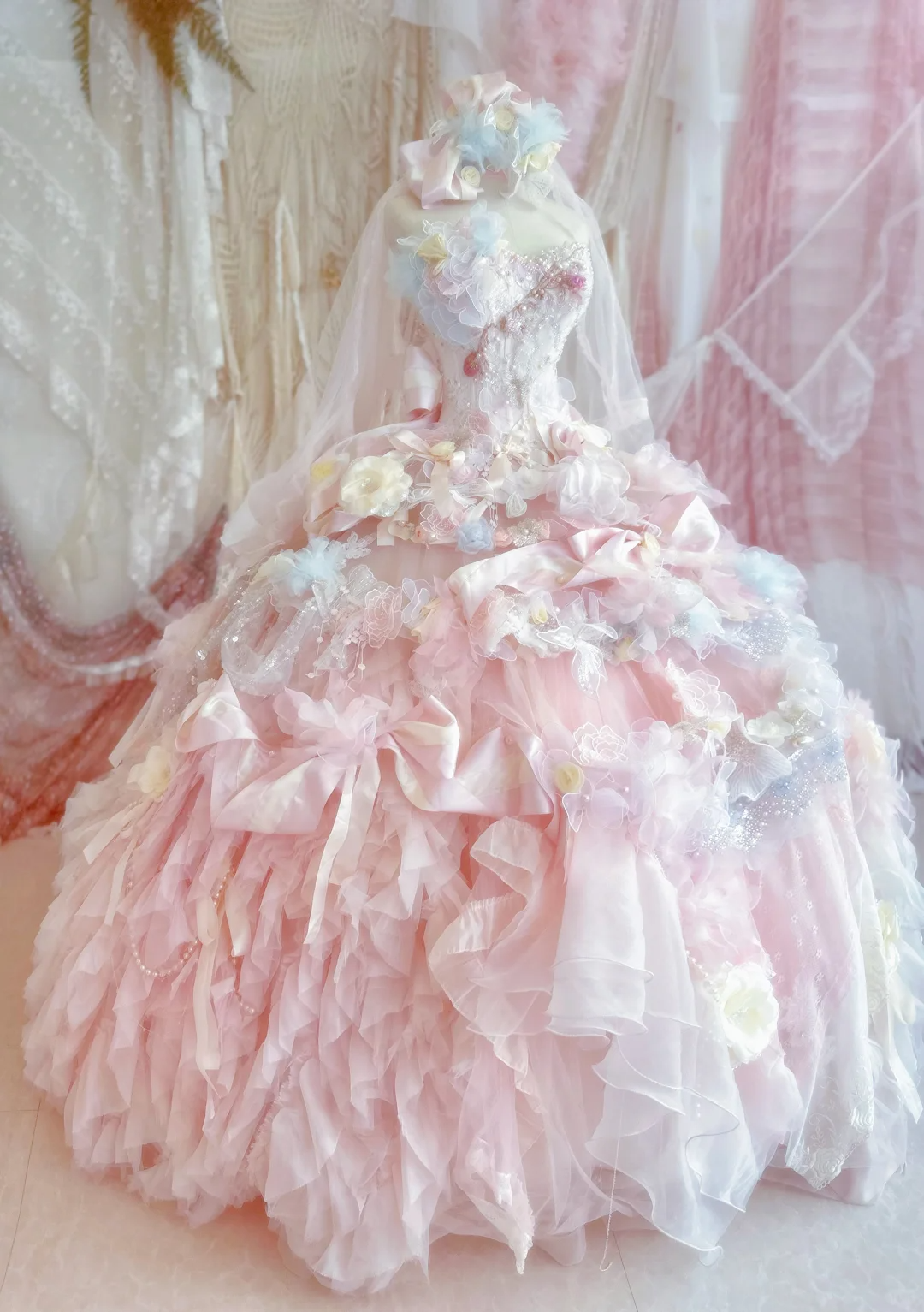 Pink Ball Gown Sweetheart Neck Beaded Floral Tulle Prom Dress 18th Birthday Dress DP4380