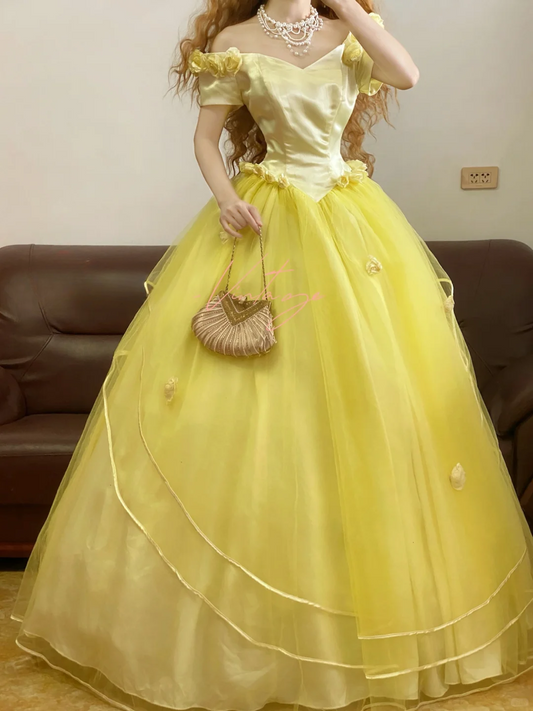 Vintage Ball Gown Off the Shoulder Floral Yellow Satin Tulle Prom Dress 22 Birthday Dress DP4073
