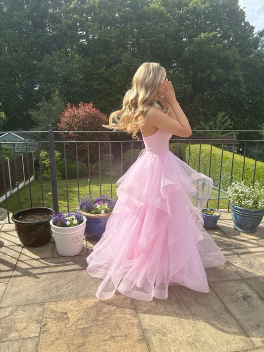 Pink A Line Spaghetti Strap Ruffle Organza Backless Long Prom Dress Evening Dress Formal Dress DP3272